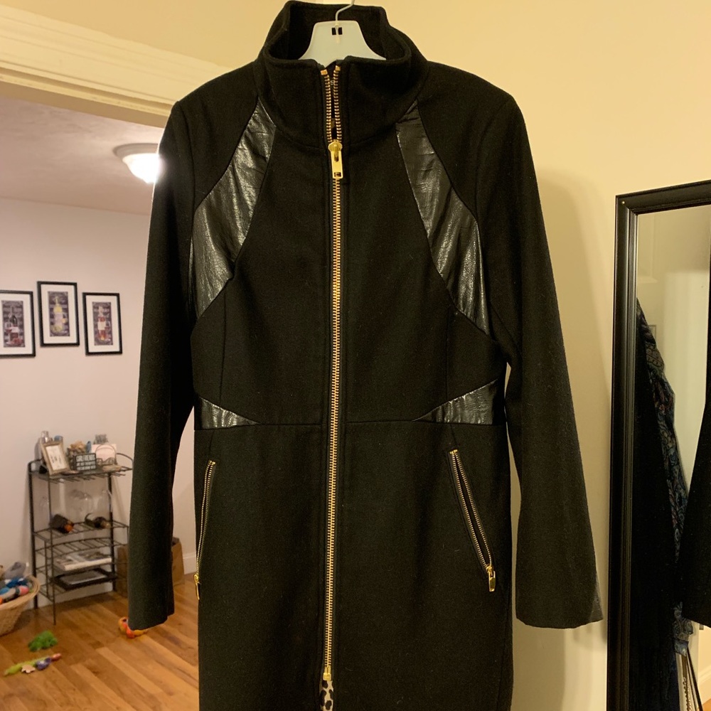 Via Spiga Black Wool Coat with leather detailing